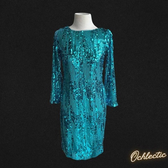 Maggy London teal 80s INSPIRED sequin dress with 3/4 sleeves - Picture 1 of 7